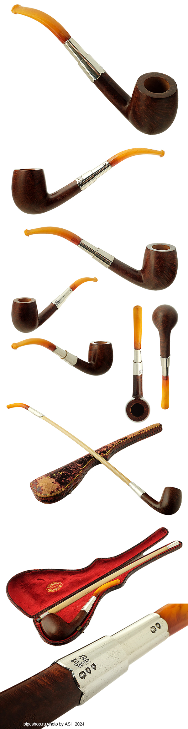   BARLING`S MAKE SMOOTH BENT BILLIARD WITH AMBER MOUTHPIECE ALBATROSS BONE AND CASE (1917) ESTATE NEW UNSMOKED