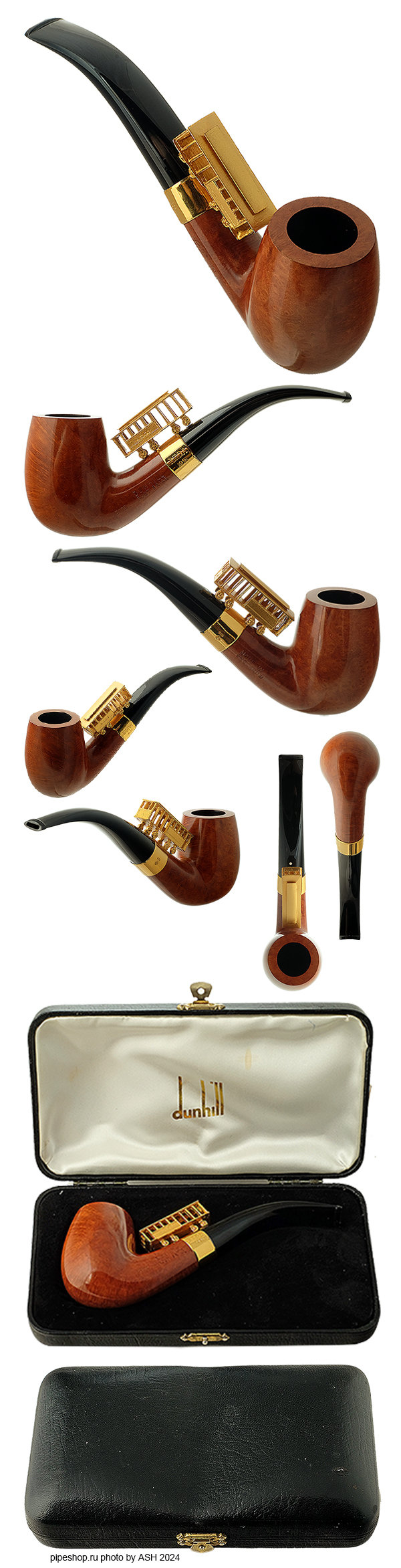   DUNHILL ROOT BRIAR 5102 SMOOTH BENT BILLIARD "RTDA 1991" WITH GOLD PLATED SILVER AND CASE ESTATE NEW UNSMOKED 