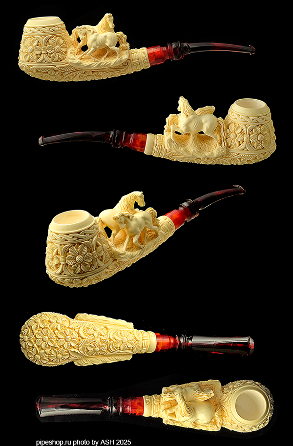   KUDRET MEERSCHAUM CARVED BENT BRANDY WITH HORSES ESTATE NEW UNSMOKED