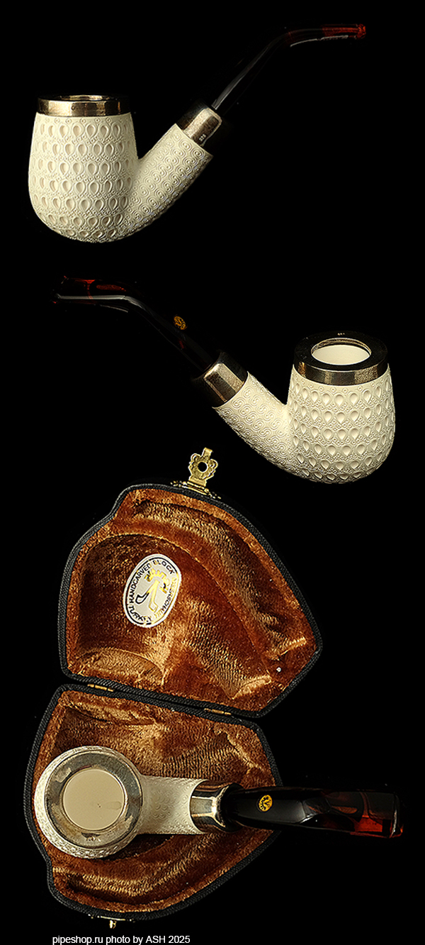   ALTINAY MEERSCHAUM SPIGOT & TOP SILVER RING CARVED BENT BILLIARD